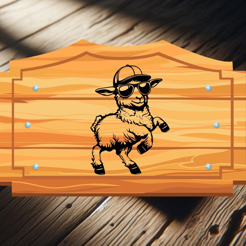 May include: A wooden sign with a black and white illustration of a sheep wearing sunglasses and a baseball cap. The sheep is standing on its hind legs and has a happy expression.