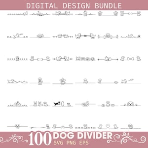 May include: A digital design bundle featuring 100 black and white line art dog dividers. The collection includes various illustrations of puppies playing, sleeping, and interacting with bones, toys, and houses, organized in a grid format with text.
