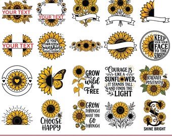 Sunflower Monogram SVG Bundle, Floral Split Frame, Sunshine Quotes (svg, png, eps)