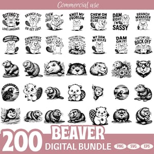 Puede incluir: Un conjunto digital de 200 diseños de castores en blanco y negro. Las ilustraciones presentan castores con frases humorísticas como "Chew on Someone Else" y "Dam Right I'm Sassy". El texto "Beaver Digital Bundle" también está incluido.