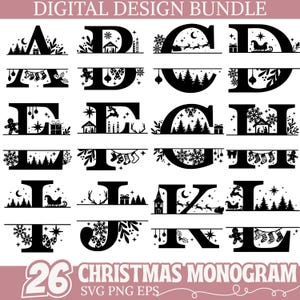 May include: A digital design bundle featuring 26 Christmas monogram letters in a black silhouette style. Each letter is decorated with holiday-themed elements like snowflakes, trees, and Santa's sleigh. The text "DIGITAL DESIGN BUNDLE" and "CHRISTMAS MONOGRAM" are also visible.