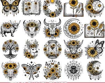 Sunflower SVG Bundle, Floral Boho Clipart Set, Butterfly Skull Sunflower PNG EPS Files, Western Cow Skull Art, Cricut Floral Designs