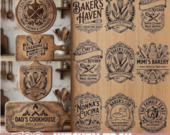 Paquete SVG de bandeja de cocina para grabado láser. Diseños de logotipos de panadería vintage para tablas de cortar de madera. Letreros. Archivos PNG EPS.