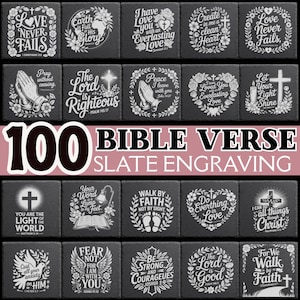 May include: A set of 100 slate engravings, each displaying a different Bible verse. The black tiles feature white text and illustrations, with phrases such as "Love Never Fails" and "Walk by Faith".