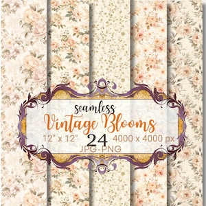 Vintage Floral Seamless Patterns, 24 Shabby Chic Digital Papers, Romantic Rose Print, JPG PNG Scrapbook Backgrounds, Fabric & Wallpaper