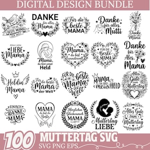 May include: A digital design bundle with 100 Mother's Day SVG files. The designs include floral wreaths, hearts, and illustrations with phrases like "Best Mum," "Love Mum," and "Happy Mother's Day." The color scheme is primarily black and white.