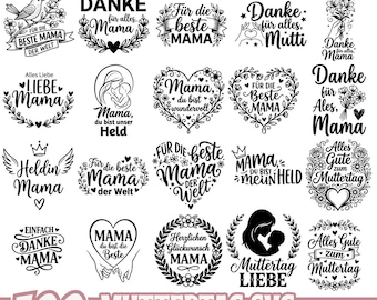 Mors dag SVG-paket tyska citat mammakärlek design för Cricut silhuett laserskuren mammapresent typografi blommigt hjärta