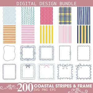Puede incluir: Un paquete de diseño digital con varios patrones y marcos. La sección superior muestra rayas verticales y horizontales en azul, verde, rosa, naranja, amarillo y cuadros. La sección inferior muestra diez marcos decorativos de arte lineal.
