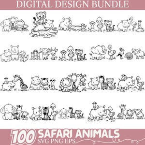 Może przedstawiać: Czarno-biały pakiet projektów cyfrowych z 100 zwierzętami safari. Obraz zawiera ilustracje lwów, żyraf, słoni i nosorożców. Tekst "DIGITAL DESIGN BUNDLE" i "100 SAFARI ANIMALS SVG PNG EPS" jest również obecny.