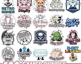 Cute Gamer SVG Bundle for Girls and Boys | Kawaii Gaming Quotes PNG EPS | Retro Gamer Sticker Pack for Cricut and Sublimation Designs