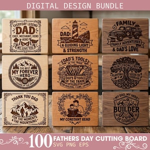 Peut inclure: Un ensemble de designs numériques comprenant neuf planches rectangulaires en bois avec des illustrations et du texte gravés au laser pour la fête des pères. Les motifs incluent un phare, un camion, un arbre, des outils et des montagnes.