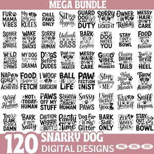 Peut inclure: Un ensemble de designs numériques avec 120 motifs sur le thème des chiens, aux formats PNG, SVG et EPS. Les motifs présentent des phrases humoristiques et des graphiques sur les chiens, comme "Fur Mama Vibes" et "Bark at Everything."