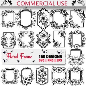 Floral Frame SVG PNG EPS Bundle for Cricut and Silhouette, Flower Border Clipart for Invitation Cards Scrapbooking and Crafts