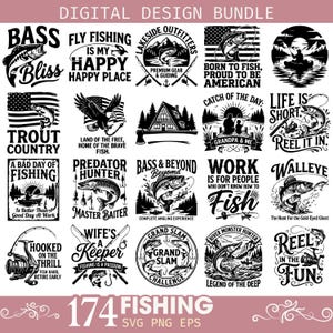 Fishing SVG Bundle, Bass Trout Walleye PNG EPS, Angler Quotes Cut Files (Digital Download)