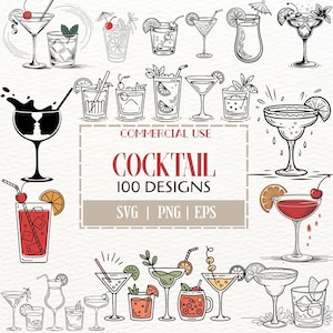 May include: An illustration featuring 100 cocktail designs in diverse styles, including line art and coloured illustrations. The image showcases various cocktail glasses with garnishes such as cherries, orange slices, and mint leaves. Text includes "COCKTAIL 100 DESIGNS" and "SVG | PNG | EPS".