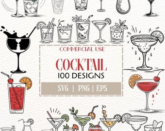 Paquete de bebidas de cóctel SVG PNG EPS para Cricut y sublimación / Conjunto de imágenes prediseñadas de bebidas mixtas / Diseños vectoriales de alcohol de margarita y martini