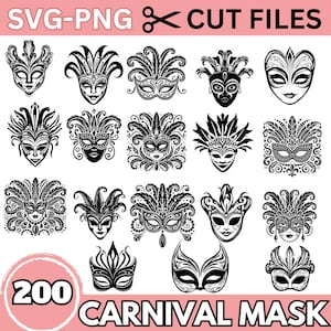 Karneval Maske SVG PNG Schnittdateien | Maskerade Maske Digitale Designs | Verwickelt Clipart für Cricut & Silhouette | Partydekoration