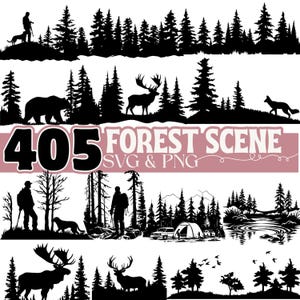 Puede incluir: Ilustraciones de escenas de bosque en blanco y negro. Siluetas de árboles, animales, cazadores y escenas de acampada. Incluye el texto "405 FOREST SCENE SVG & PNG". Ideal para manualidades y diseños con temática al aire libre.