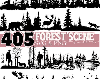 Forest Scene SVG Bundle, Wildlife Silhouette SVG PNG, Camping Hunter Bear Deer Moose Clipart, Outdoor Nature Forest Landscape Cut Files