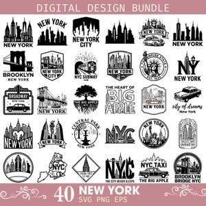 May include: A digital design bundle featuring 40 black and white New York City themed graphics. Includes iconic landmarks like the Statue of Liberty, Brooklyn Bridge, and Empire State Building, with text overlays.