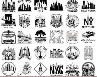 New York City Skyline Bundle: Brooklyn Bridge, Landmarks, Taxis (svg, png, eps)