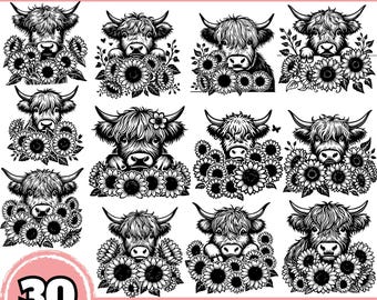 Floral Highland Cow SVG Bundle, Highland Cow Clipart, Farm Animal Silhouette Art, PNG Cutting Files, Cricut Sublimation Designs