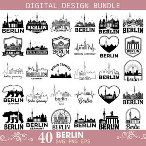Könnte beinhalten: Ein digitales Design-Bundle mit 40 schwarz-weißen Berlin-Motiven. Die Designs zeigen Stadtlandschaften, Wahrzeichen und das Wort "BERLIN" in verschiedenen Schriftarten und Stilen. Der Text "DIGITAL DESIGN BUNDLE" befindet sich oben.