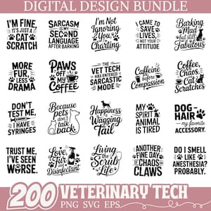 以下が含まれることがあります： デジタルデザインバンドル。200個の獣医技術をテーマにしたPNG、SVG、EPSファイルが含まれています。ペット、猫、犬、獣医学に関連するさまざまな引用句とグラフィックのデザインで、すべて白黒です。