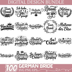 Puede incluir: Un paquete de diseño digital con diseños de texto negro relacionados con bodas, incluyendo frases como "Team Braut", "Braut's Besties" y "Ja! Crew". El texto se muestra en una variedad de fuentes y estilos.