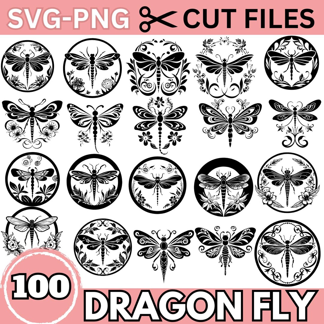 Dragonfly SVG Bundle, 100 Floral Dragonfly Cut Files, Intricate Mandala ...