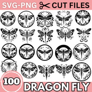 Libellule SVG Bundle, 100 fichiers de coupe florale de libellule, conception complexe d'insectes de Mandala, clipart numérique PNG pour Cricut et Silhouette