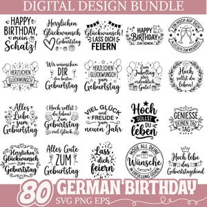 Könnte beinhalten: Ein digitales Design-Bundle mit 20 schwarz-weißen Geburtstagsgrafiken. Die Designs zeigen verschiedene Schriftarten und dekorative Elemente, darunter Sätze wie "Happy Birthday" und deutsche Geburtstagsgrüße.
