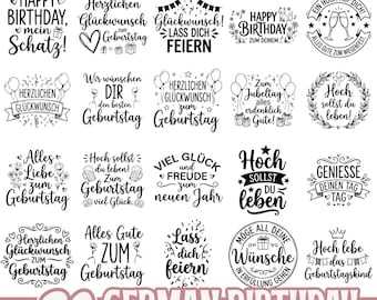 Paquete SVG de cumpleaños en alemán con 80 diseños para Cricut y sublimación: frases de feliz cumpleaños, imágenes prediseñadas de letras en alemán