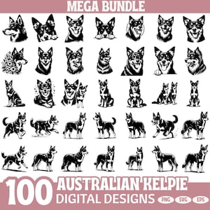 Australian Kelpie Dog Clipart Bundle PNG SVG EPS | Farm Dog Silhouette Vector | Kelpie Digital Download | Working Dog Art Bundle