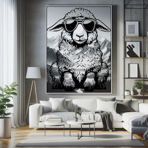 May include: Black and white illustration of a sheep wearing sunglasses, sitting in front of a mountain landscape.