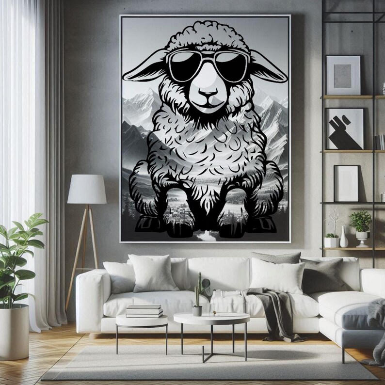 May include: Black and white illustration of a sheep wearing sunglasses, sitting in front of a mountain landscape.