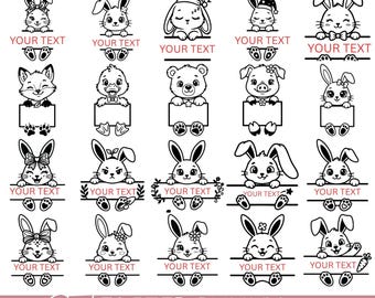 Easter Bunny SVG Bundle, Cute Bunny Monogram Frame Svg, Bunny Peeking Clipart PNG EPS, Easter Bunny Cut Files for Cricut Silhouette