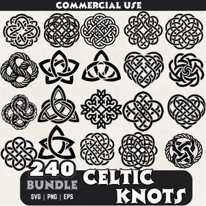 May include: A set of 240 black and white Celtic knot designs. The designs are intricate and detailed, and they would be perfect for use in a variety of crafts and projects. The text "240 Celtic Knots Bundle SVG | PNG | EPS" is at the bottom of the image.