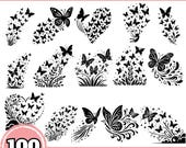 Flying Butterflies SVG Bundle, 100 Butterfly Cut Files, Floral Butterfly Silhouettes, PNG Clipart, Cricut & Silhouette, Nature Laser Cut