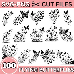 Bundle SVG papillons volants, 100 fichiers de coupe papillon, silhouettes de papillons floraux, clipart PNG, Cricut & Silhouette, nature découpée au laser