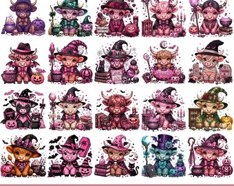 Highland Cow Halloween PNG Bundle, Cute Witch Cow Clipart, Spooky Gothic Calf Digital Download, 45 Pink Fantasy Designs