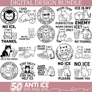 以下が含まれることがあります： 50個のアンチアイスをテーマにしたグラフィックを特徴とするデジタルデザインバンドル。白黒のイラストは、「氷なし」、「氷は敵」や「塩辛くあれ」などのフレーズを持つ様々な不機嫌な猫を描いています。「デジタルデザインバンドル」というテキストが上部にあります。