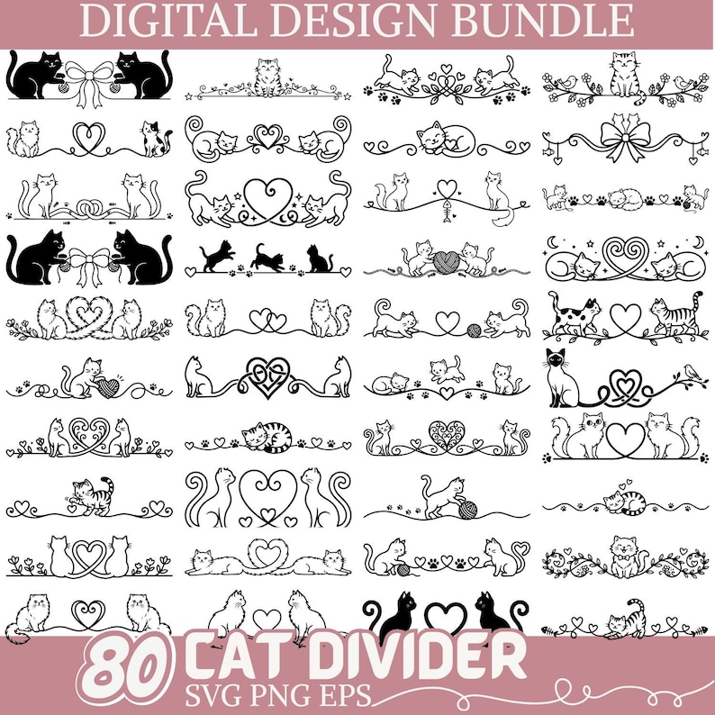 Cat Divider SVG Bundle, Cute Cat Border Clipart, Cat Line Divider Set ...