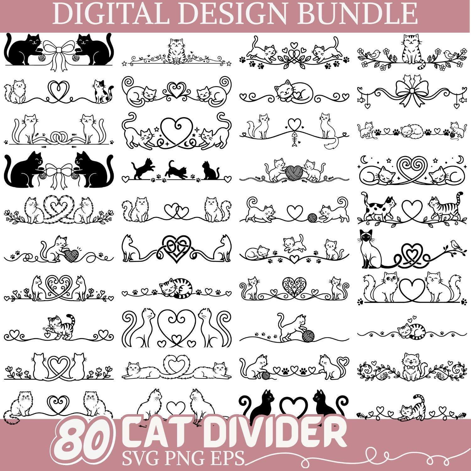 Cat Divider SVG Bundle, Cute Cat Border Clipart, Cat Line Divider Set ...