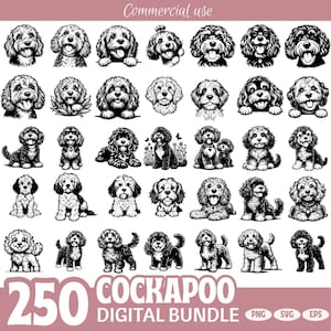 Peut inclure: Un lot numérique de 250 illustrations de Cockapoos en noir et blanc, dans diverses poses. Les images présentent des chiens debout, assis et couchés. Le texte "Commercial use" est en haut et "Cockapoo Digital Bundle" en bas.