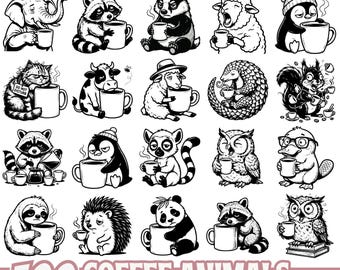 Coffee Animals SVG Bundle Cute Animal Coffee Clipart Funny Coffee Lover Designs SVG PNG Eps Cricut Silhouette Cut Files