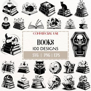 Book SVG Designs Bundle Gothic Fantasy Alien Skeleton Cat Raccoon Reading PNG EPS Clipart for Cricut Sublimation Commercial Use