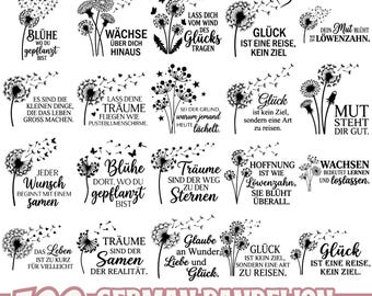 Paquete SVG de citas de diente de león en alemán para archivos de grabado láser, diseños de tipografía floral para letreros de madera, CNC, Glowforge y Cricut.