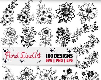 Paquete de SVG PNG EPS de arte lineal floral para Cricut y Silhouette, diseños de imágenes prediseñadas de flores dibujadas a mano para proyectos de manualidades y bricolaje.