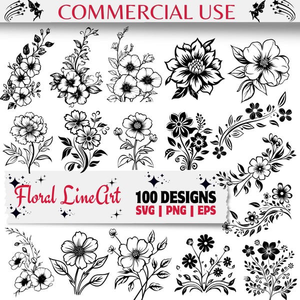 Floral Line Art SVG PNG Eps Bundle for Cricut and Silhouette, Hand Drawn Flower Clipart Designs for Crafting and DIY Projects